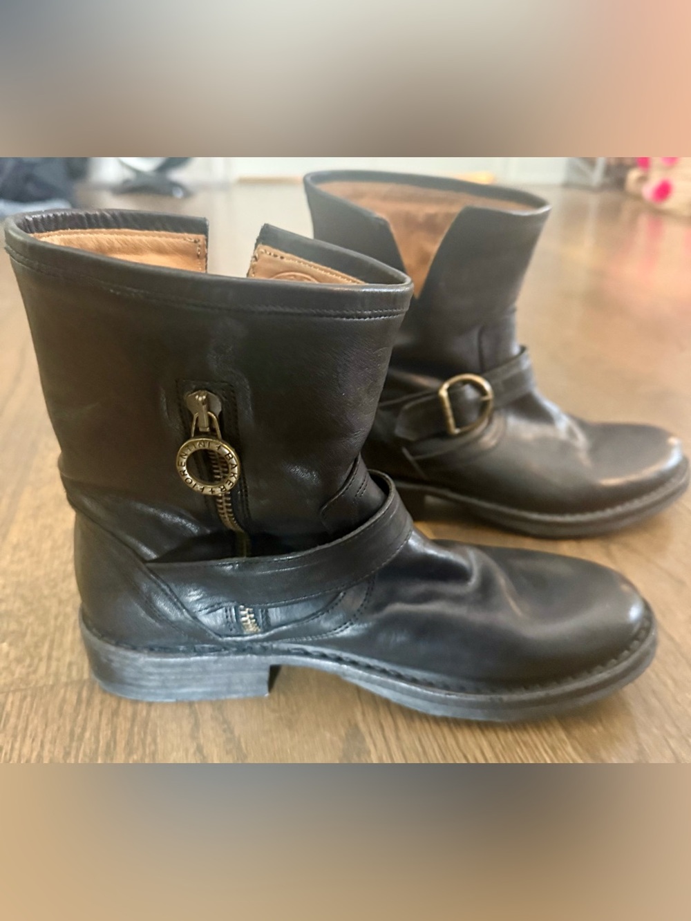 Fiorentini + Baker Black Leather Buckle Ankle Moto Boots